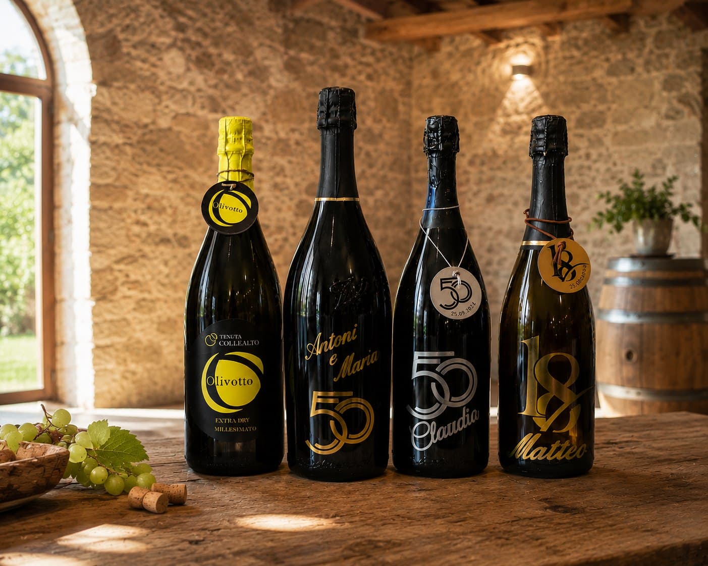 Bottiglie di spumante personalizzate con etichette e tag per eventi speciali, su tavolo in cantina di pietra