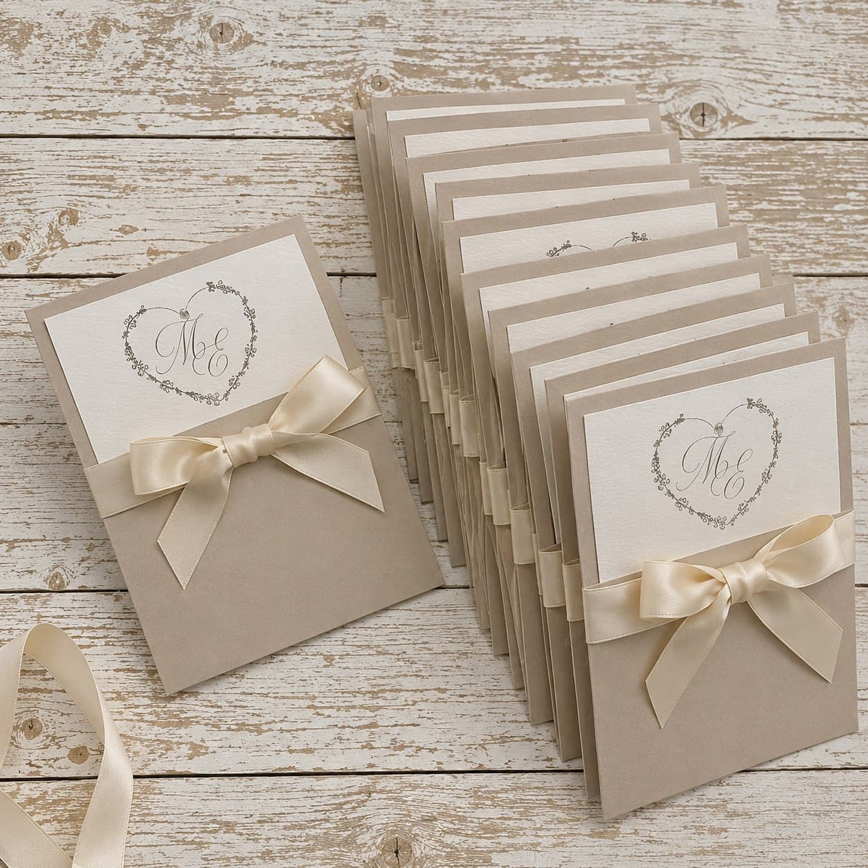 Partecipazioni di matrimonio kraft con monogramma a cuore e nastro in raso, confezione impilata