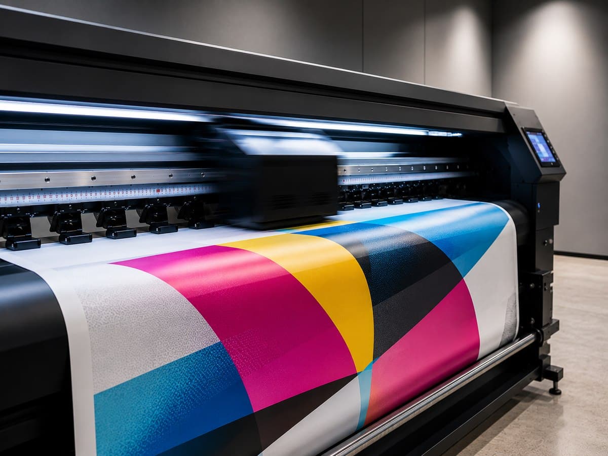 Plotter professionale durante la stampa di un manifesto a colori vivaci