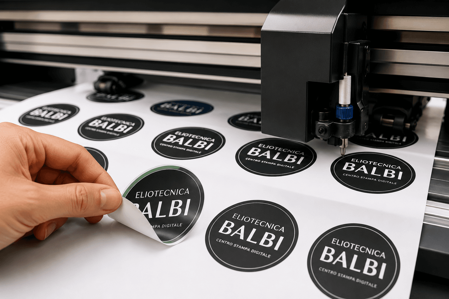 Adesivi tondi neri Eliotecnica Balbi applicati a mano