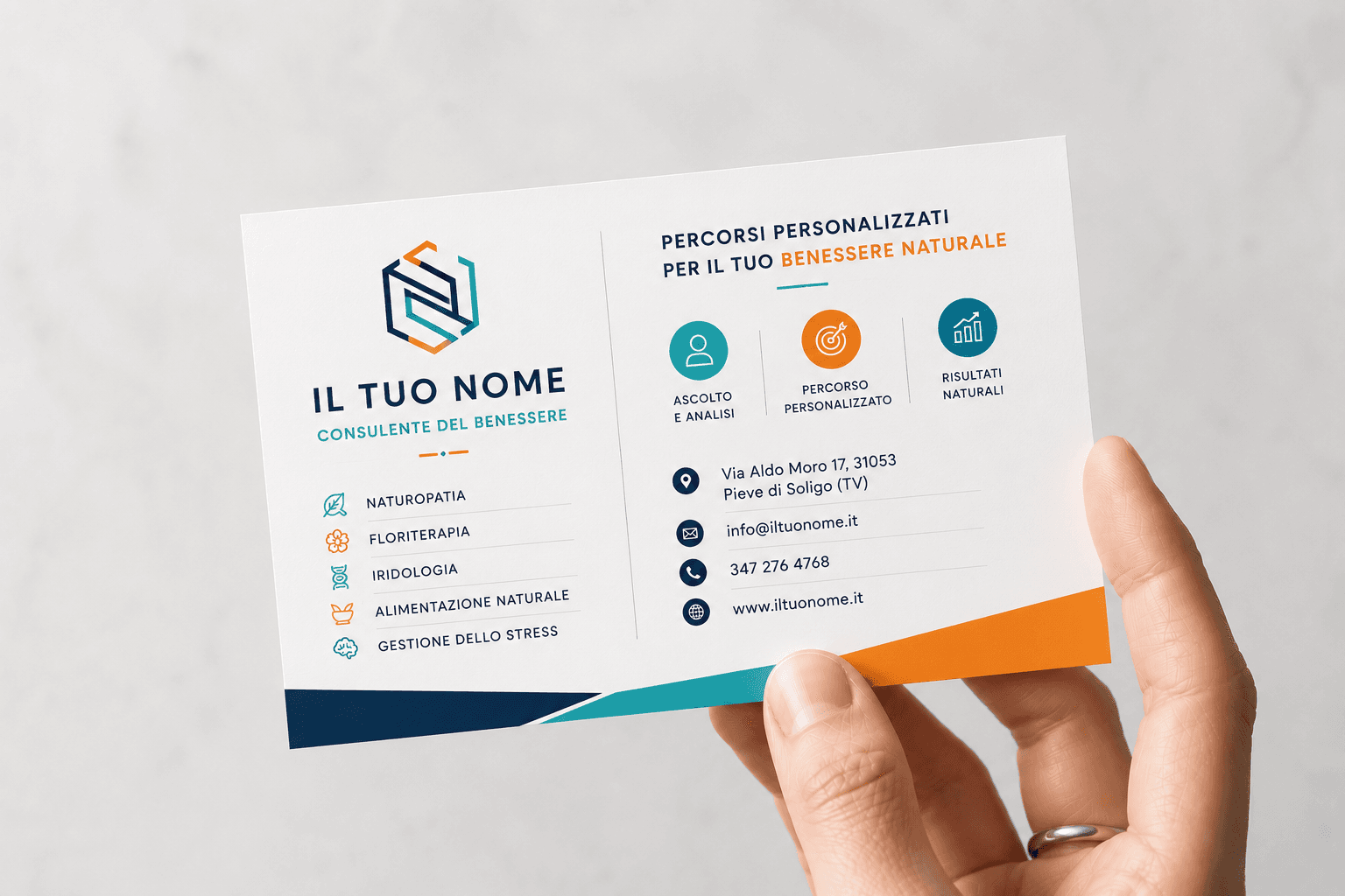 Biglietto da visita bifacciale con icone colorate per consulente del benessere
