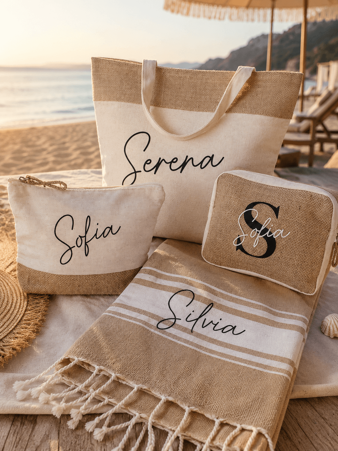 Set da mare personalizzato con borsa, pochette e telo per Serena e Silvia