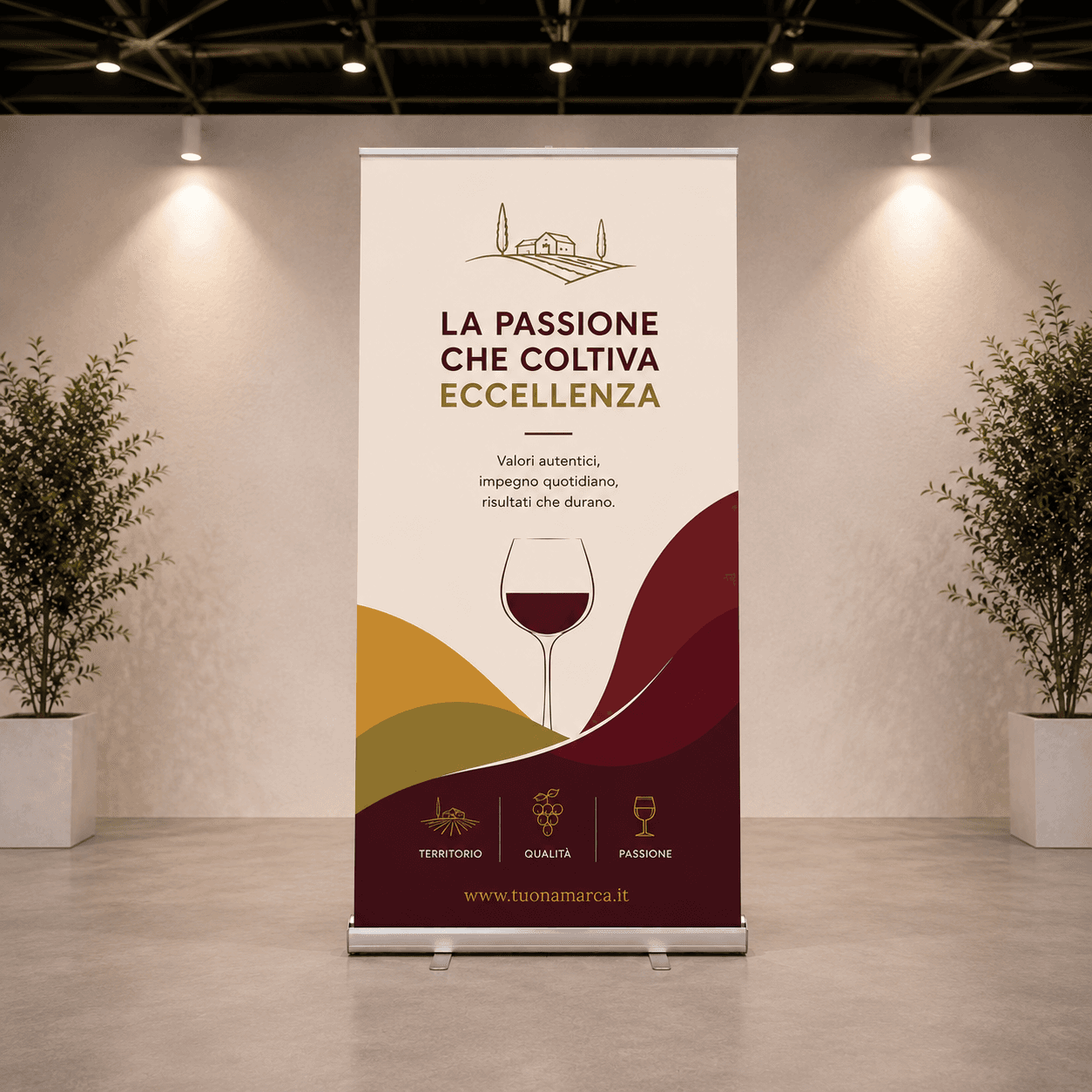 Roll-up con grafica a tema enologico allestito in un ambiente espositivo