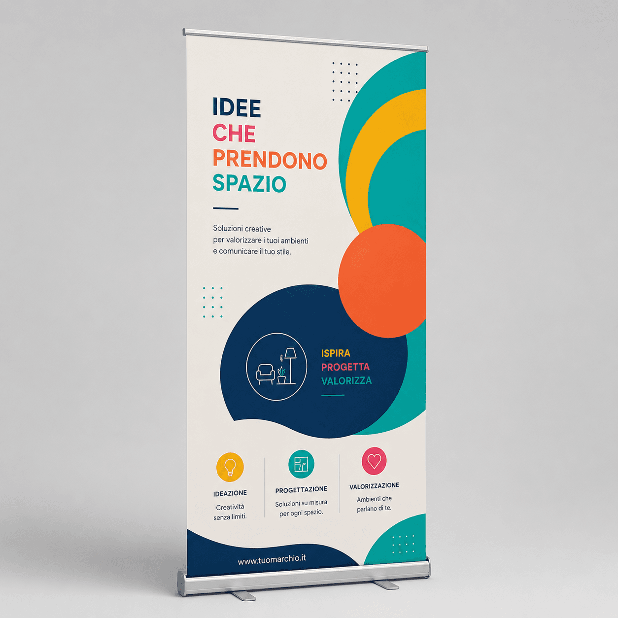 Roll-up riavvolgibile visto di lato, esempio di grafica colorata