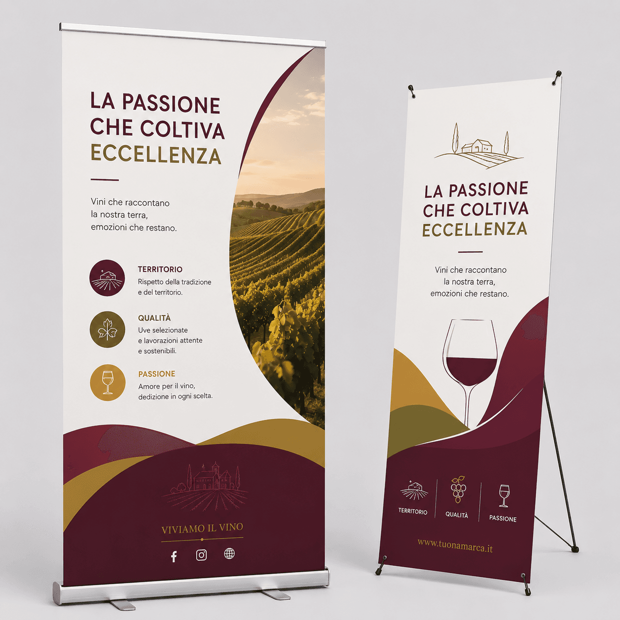 Roll-up ed espositore a X con grafica a tema enologico di esempio, affiancati