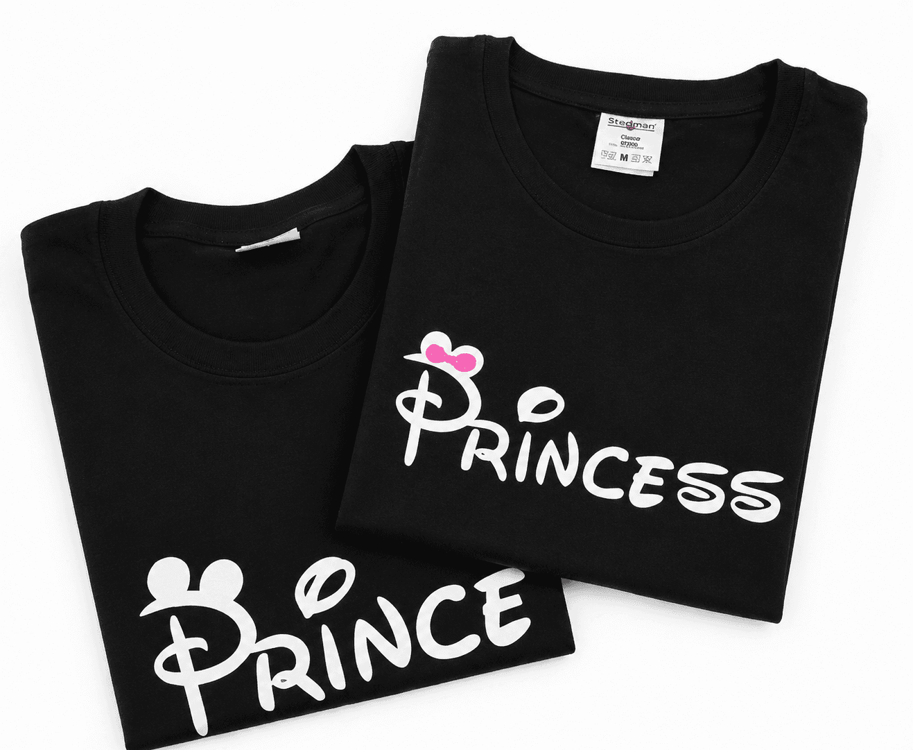 Magliette nere abbinate personalizzate con scritte Prince e Princess