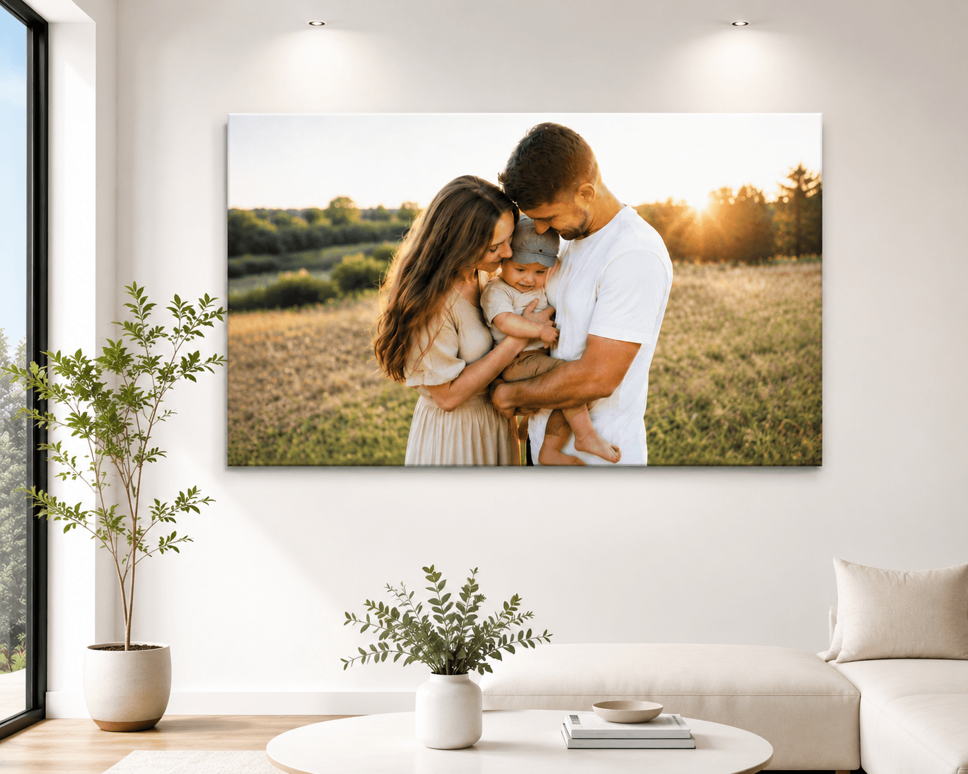 Tela canvas con foto di famiglia in un campo al tramonto